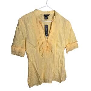 Tracy M. Linen Ruffle Top Short Sleeve V-Neck Pullover Yellow Womens Size L NWT